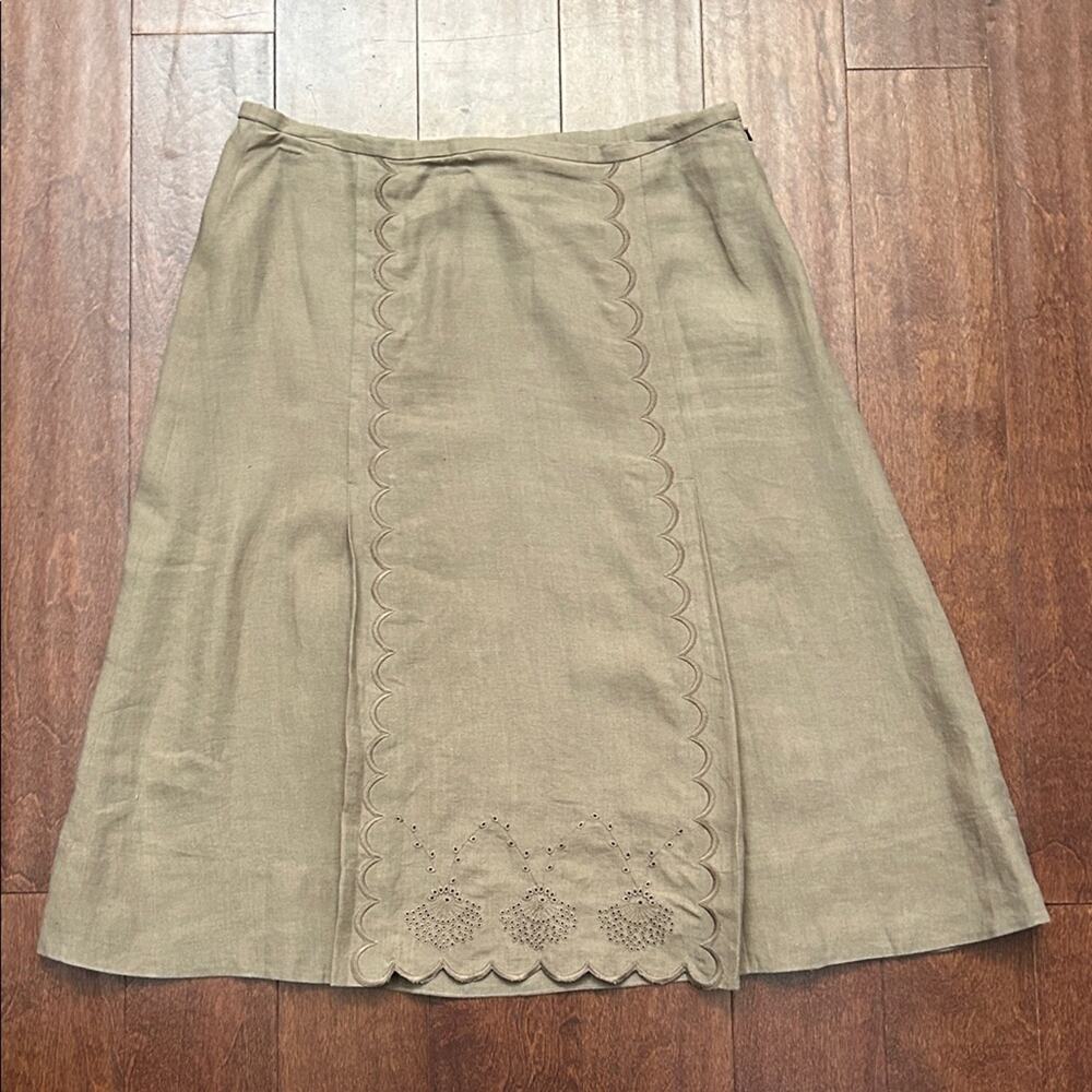 J. Jill 100% Linen Khaki Midi Skirt with Embroidered Scallop Detailing, Size 10